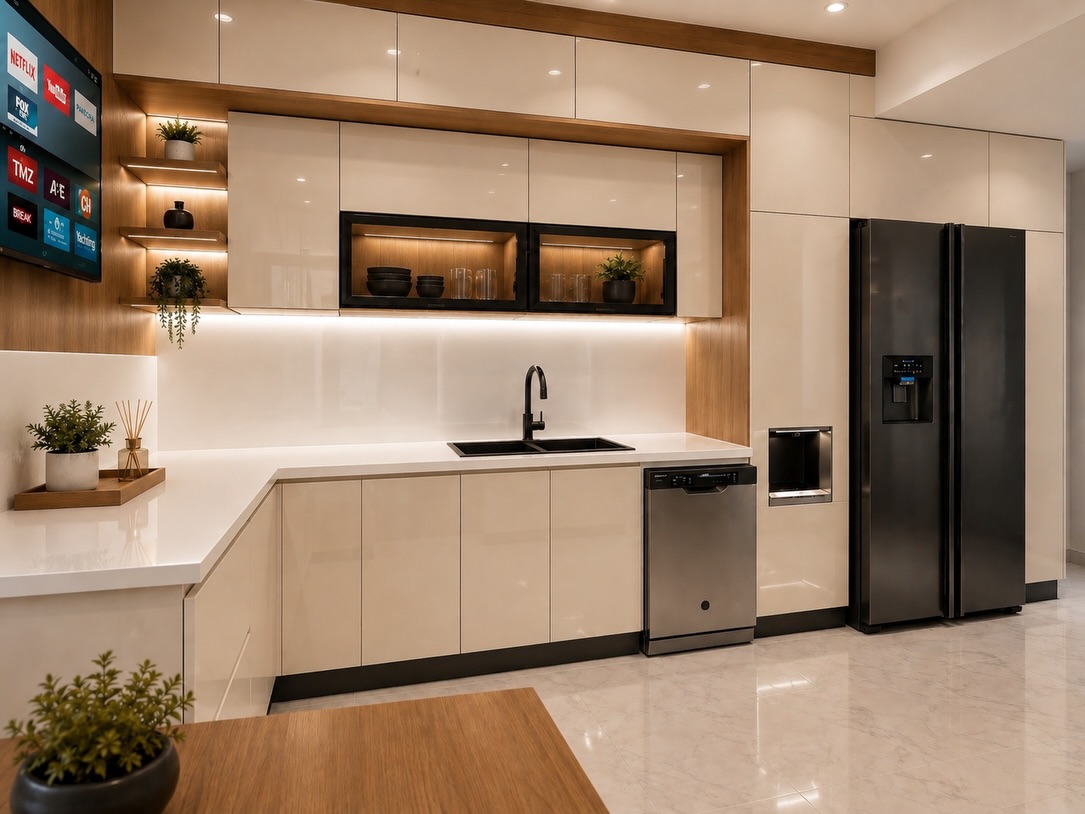 3D design of a cream gloss kitchen with oak niches and black-framed display