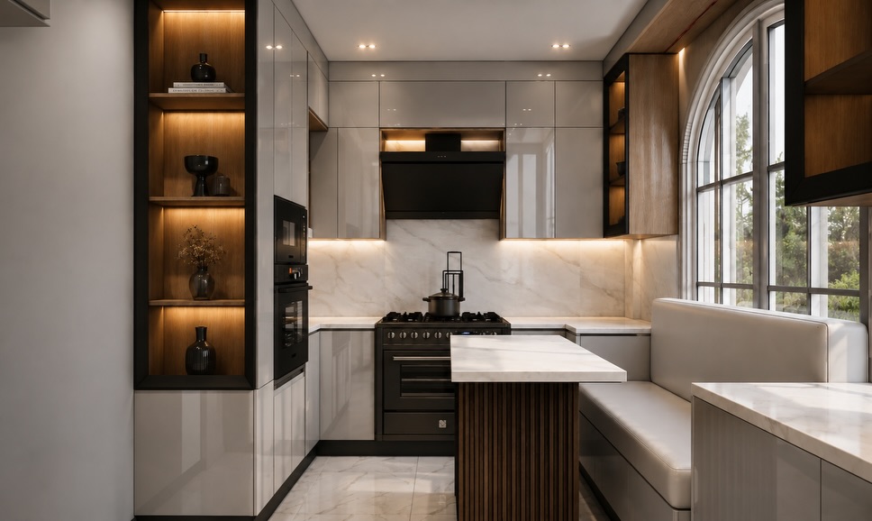 3D design of a kitchen with fluted wood island and lit display niches