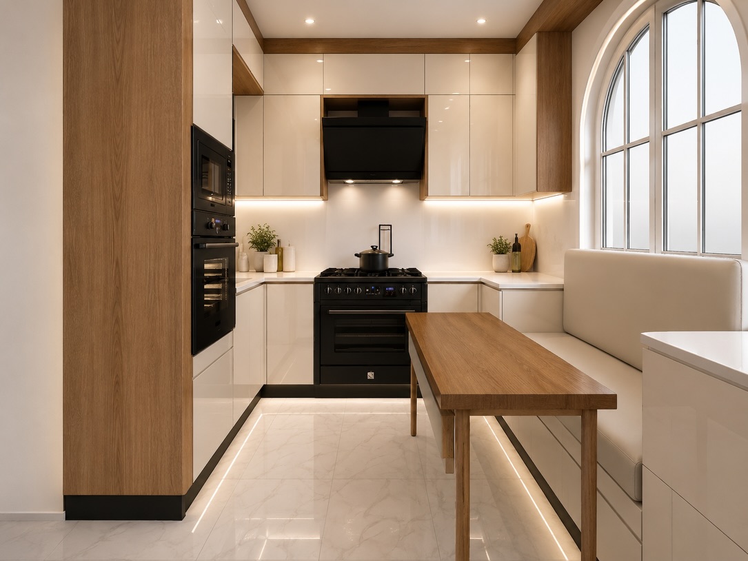 3D design of a U-shaped kitchen with oak tall unit and window bench