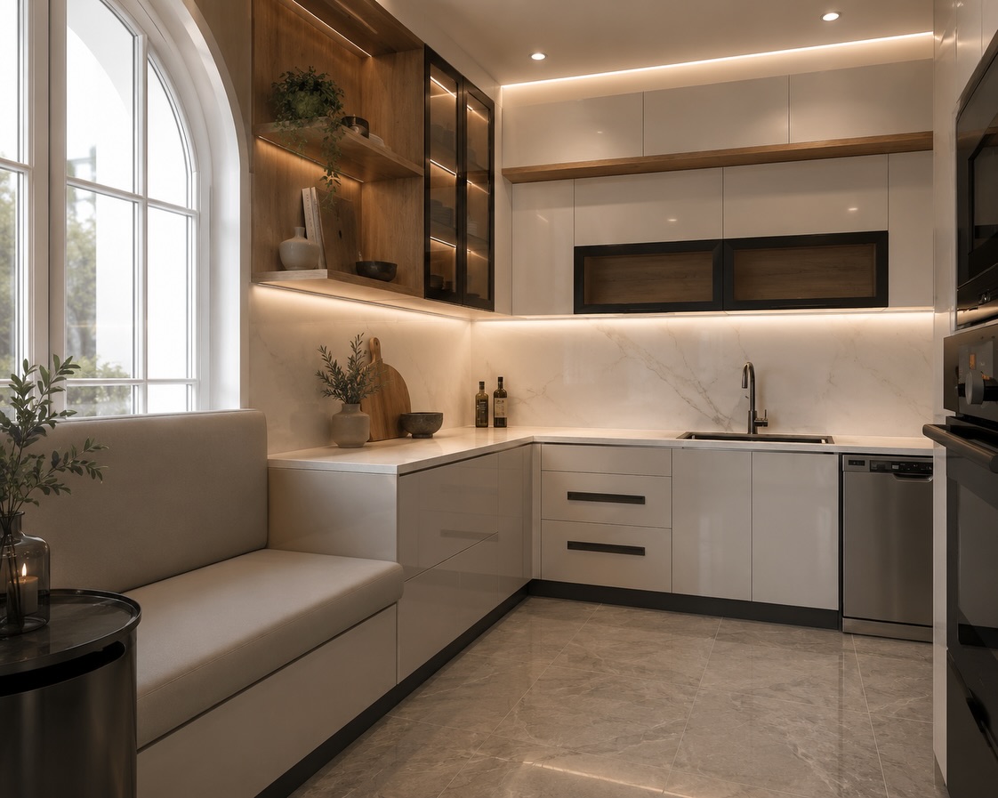 3D design of a kitchen with built-in bench under an arched window